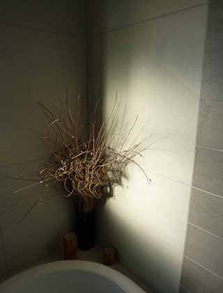 Large-format wall tiles in a bathroom corner